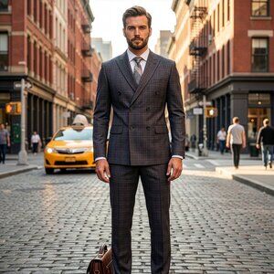 New 2026 Mens 2pc Plaid Windowpane Dark Grey Suit Set, Hybrid Fit